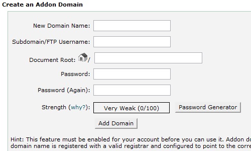 Enter the information for the new addon domain.
